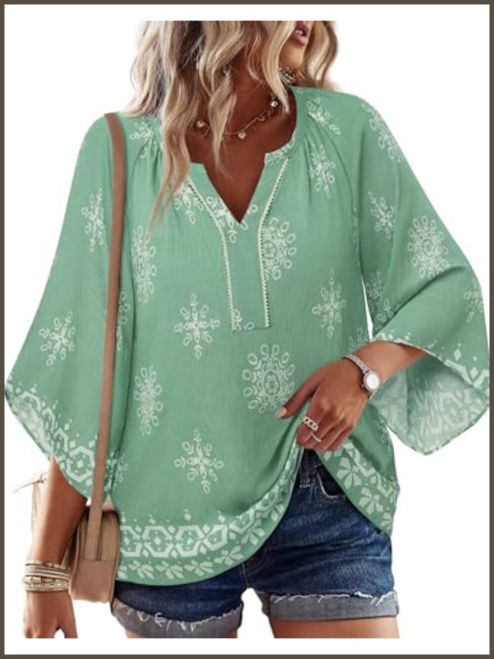 Womens Boho Blouse 3/4 Bell Sleeve V Neck Linen Casual Floral Top
